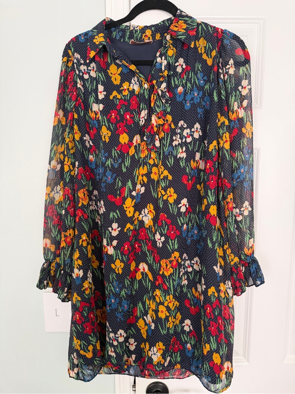 Tory Burch Navy Floral Crinkled Blouse Dress with Yellow & Green Accents
